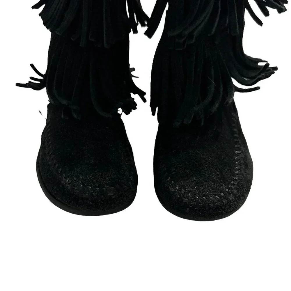 Minnetonka Sz 12 Black Suede Leather Fringe Boots